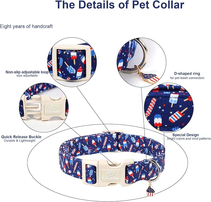 4th of July Dog Collar Patriotic Popsicle Dog Collars for Small Dogs - Lightweight Adjustable Navy Independence Day Puppy Collars Cute Summer Pet Safety Collar S