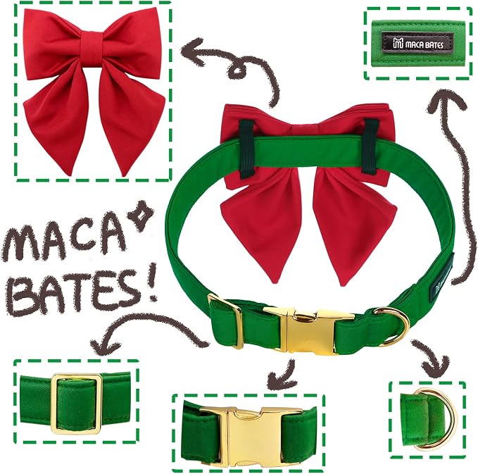 Maca Bates Christmas Grass Green Dog Collar with Cute Solid Sailor Bow Tie for Large Girl Boy Dogs,Adjustbale Durable Breakaway Soft Collars with Bowtie for Female Male Puppy,Pet