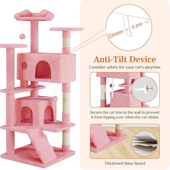 Sweetcrispy 54 Inch Cats Tree Tower, Multi-Level with Cat Scratching Post, Indoor Cat Condo with Climbing Ladder, Plush Toy, Play House for Cats, Pink