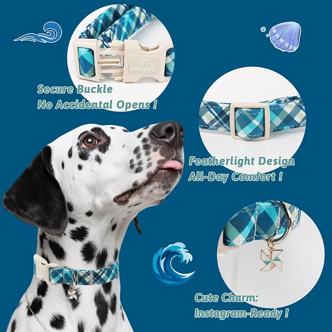 Maca Bates Blue Plaid Dog Collar with Windmill Charm for Extra Large Dogs, Pretty Till Pattern Adjustable Soft Durable Pet Gift for Male Female Dogs