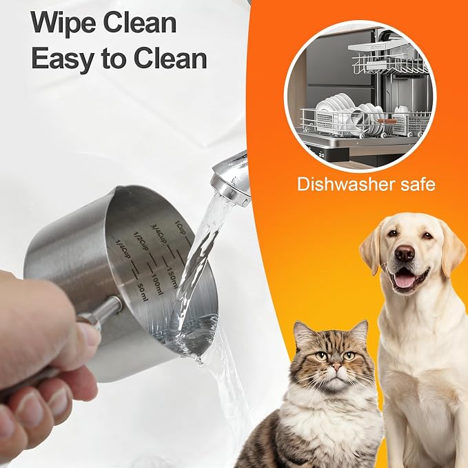 Dog-Cat Food Scoop 1 Cup – 304 Stainless Steel Measuring Cup with Long Walnut Handle, Precise Scale for Pet Food, Easy to Clean & Durable Metal Scoop for Dogs, Cats, and Kitchen Use