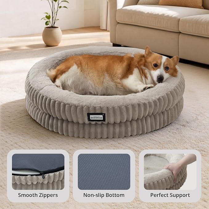 BALANCE Donut Dog Bed, 30 Inches Round Dog Bed Medium Size Dogs Washable, Orthopedic Calming Dogs Beds for Pets, Fluffy Plush Faux Fur Pet Bed with Anti-Slip Bottom