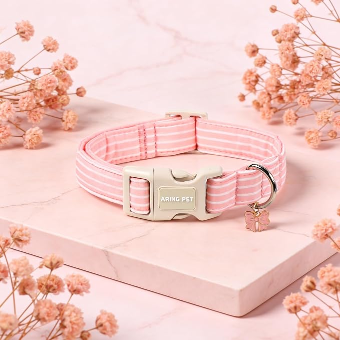ARING PET Stripe Dog Collar, Cute Spring Summer Pink Stripe Pet Collars with Bow Charm for Puppy Small Medium Large Female Girl Dogs-XS, for Daily Outdoor Walking Training