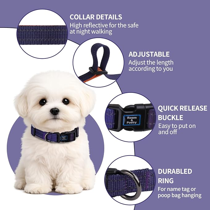 Roses&Poetry Dog Collars for Medium Dogs, Adjustable Durable Pet Reflective Dog Collar for Small Medium Large Dogs(NavyOrange-M)