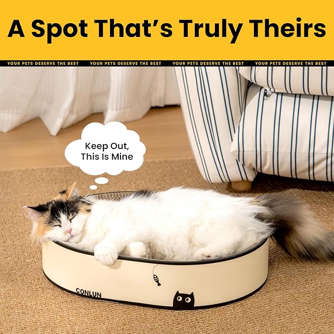 Conlun Oval Cat Scratcher Bed, 2-in-1 Cat Scratching Board, Natural Corrugated Cardboard Scratch Pad Lounge, Sealed Base Traps Debris,No Assembly Kitty Furniture,Stylish Colors Blends Any Home Decor