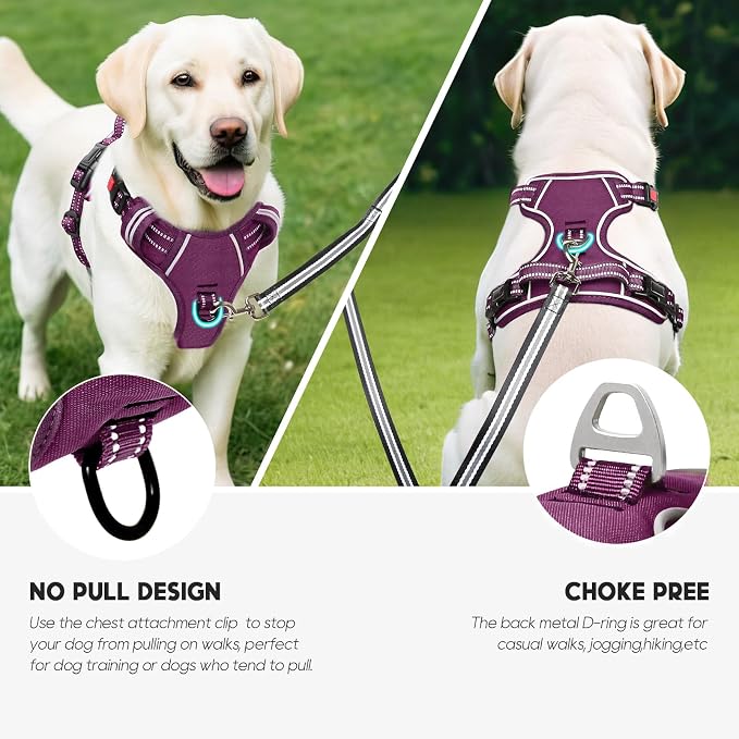 Timos Dog Harness Medium Sized, No Pull Pet Harness with Neck Lockable Snap, No Choke Front Clip Reflective Vest, Adjustable Metal Rings 3 Buckles, Easy Control Handle for Medium Dogs Grape Purple M