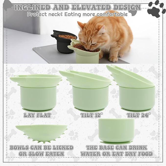 2 Pack Slow Feeder Cat Bowls, Silicone Tilted Raised Pet Bowl with Non Slip Base for Digestion Anti Vomit, Black, Green