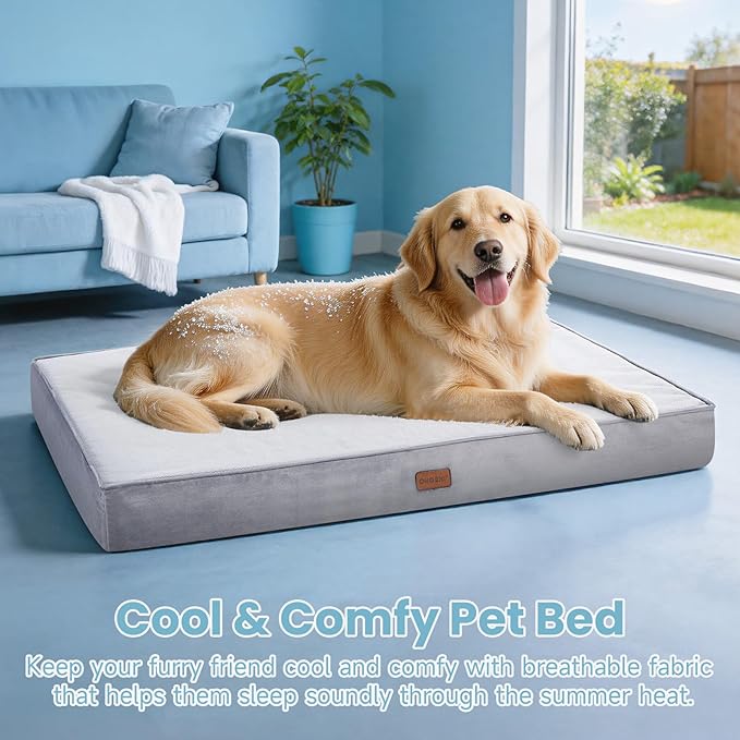 OhGeni Orthopedic Cooling Dog Bed for Large Dogs, Cooling Mat with Machine-Washable Removable Cover in Easy-Clean Fabric, High Density Foam & Easy-Carry Handle, Summer Pad, 44 inch (Gray)