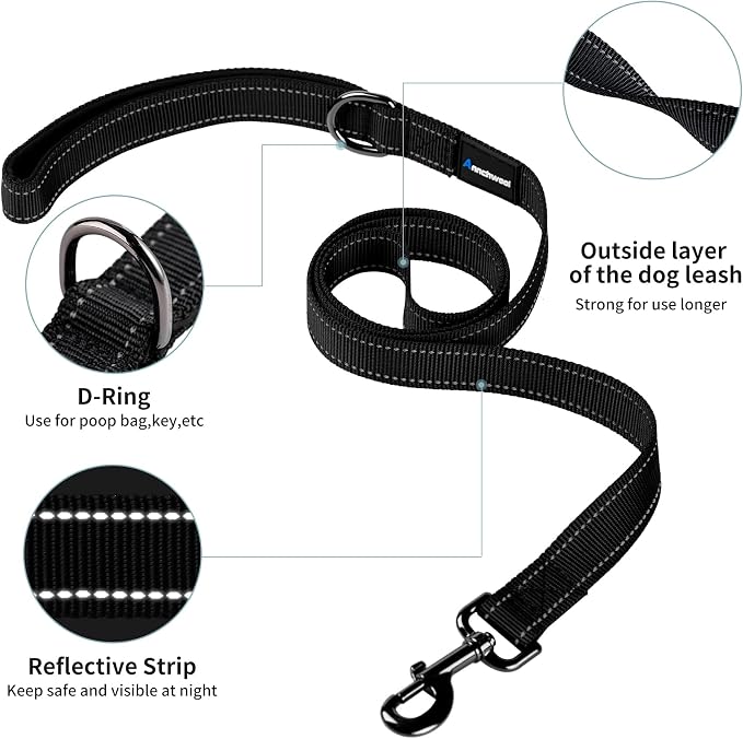 Annchwool No Pull Dog Harness with Padded Handle+5 Ft Leash,Reflective Strip Escape Proof and Quick Fit to Adjust Dog Harness,Easy for Training Walking for Small & Medium and Large Dogs(Black-Set,S)