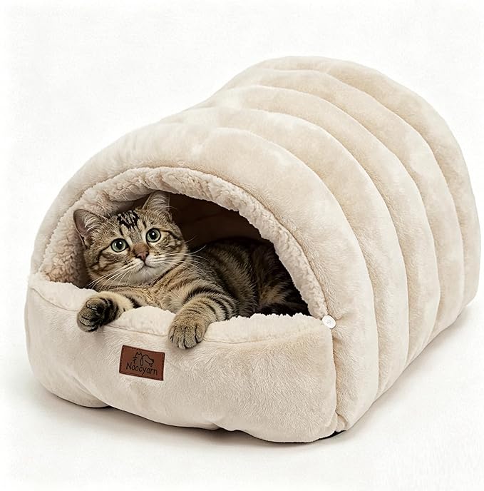Covered Cat Bed Cave for Indoor Cats, 2-in-1 Enclosed Pet Bed for Small Dogs and Kittens with Zippered Washable Cat Mats, Cat House Bed, Beige