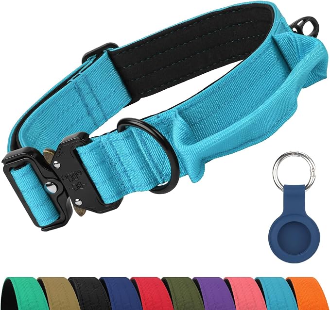 Joytale Tactical Dog Collar for Large Dogs with Control Handle, Heavy Duty Military Training Collar for Power Breeds, AirTag Holder Case, Quick Release Metal Buckle, Soft Padded, L, Sky Blue