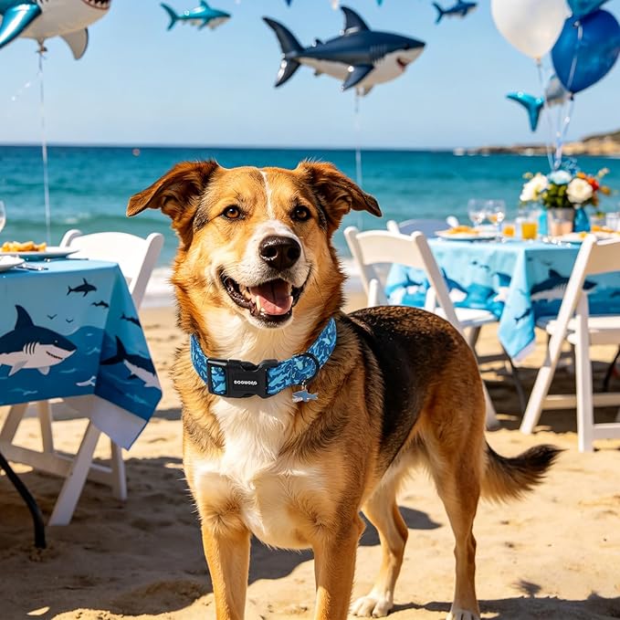 DOGWONG Summer Dog Collar for Medium Dogs, Beach Hawaiian Shark Dog Collars, Blue Summer Boy Dogs Collars for Small Medium Dogs, Neck 14-21 inches