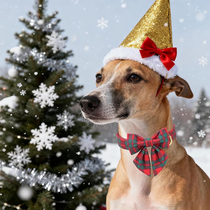 Unique Style Paws Christmas Dog Collar with Bowtie Red Green Plaid Cotton Puppy Collars for Small Medium Large Dogs