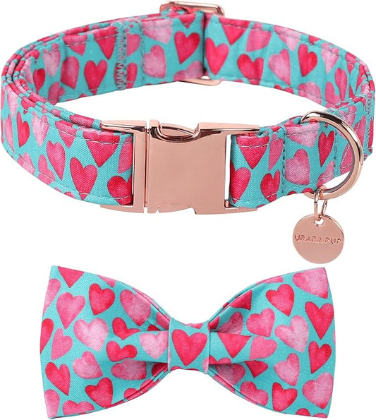 Valentine’s Day Dog Collar with Bow Tie, Pink Heart Bowtie Collar with Metal Buckle, Valentine’s Day Gift Pet Collar for Puppy Girl Boy Dog or Cat, Wedding Dog Collar, L, Neck 16-24in