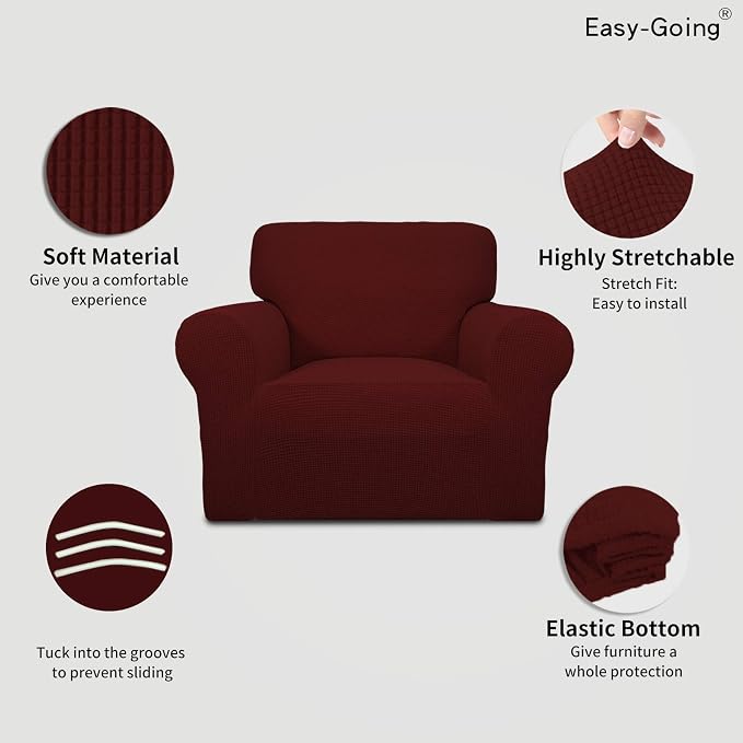 Easy-Going Stretch Chair Sofa Slipcover 1-Piece Couch Sofa Cover Furniture Protector Soft with Elastic Bottom for Kids, Pet. Spandex Jacquard Fabric Small Checks (Chair, Wine)