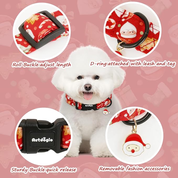 Christmas Dog Collar for Large Dogs, Red Dog Collars with Santa Socks Gingerbread, Adjustable Cotton Puppy Collar, Dog Christmas Collars Festive Collar Perfect for Photos