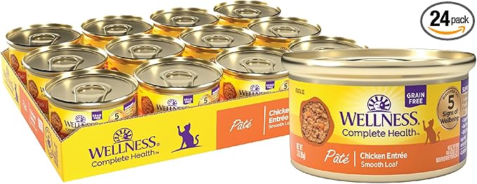 Wellness Complete Health Pate Adult Canned Wet Cat Food, Natural, Protein Rich, Grain Free, Chicken Entrée Recipe, 3 oz, Pack of 24 Cans