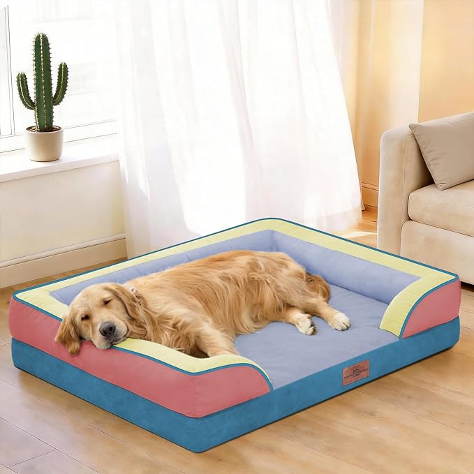 Comfort Expression Orthopedic Dog Bed for Extra Large Dogs 42x30 Inch, Waterproof Egg Crate Foam XL Pet Bed with Bolsters, Dog Couch with Washable Cover & Non-Slip Bottom, Funfetti Fiesta