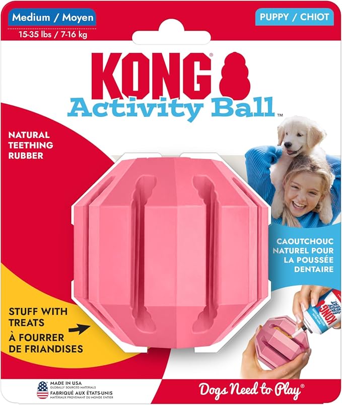 KONG Puppy Activity Ball - Soft & Durable Natural Puppy Rubber Dog Toy - Chew Toy for Teething Puppies - Eases Aching Teeth & Gums - for Medium Puppies - Pink