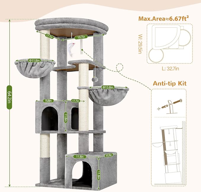 Globlazer 64in Corner Cat Tree for Large Indoor Cats, Space Saving Multi-Level Cat Tower with 2 Condos, 2 Hammocks, 4 Sisal Scratching Posts, C64, Light Grey