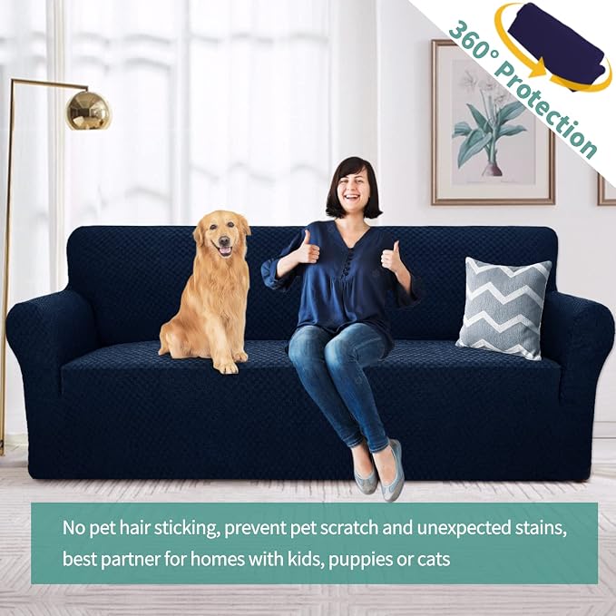 YEMYHOM Couch Cover Latest Jacquard Design High Stretch Sofa Covers for 3 Cushion Couch, Pet Dog Cat Proof Slipcover Non Slip Magic Elastic Furniture Protector (Large, Navy)