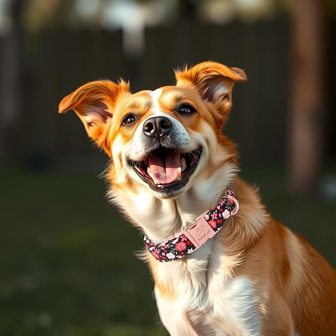Floral Dog Collar - Rose Red Wild Flowers Pattern Cute Puppy Collar, Adjustable Winter Holiday Metal Buckle Dog Collars for Small Medium Large Dogs M