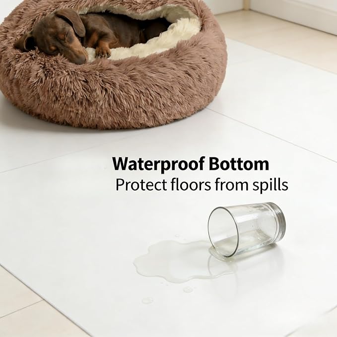 Hooded Donut Dog Bed with Cover, Calming Anti-Anxiety Dog Cave Bed for Small Medium Dogs, Plush Fluffy Burrowing Pet Bed with Waterproof Non-Slip Bottom (Brown,XL-40”)