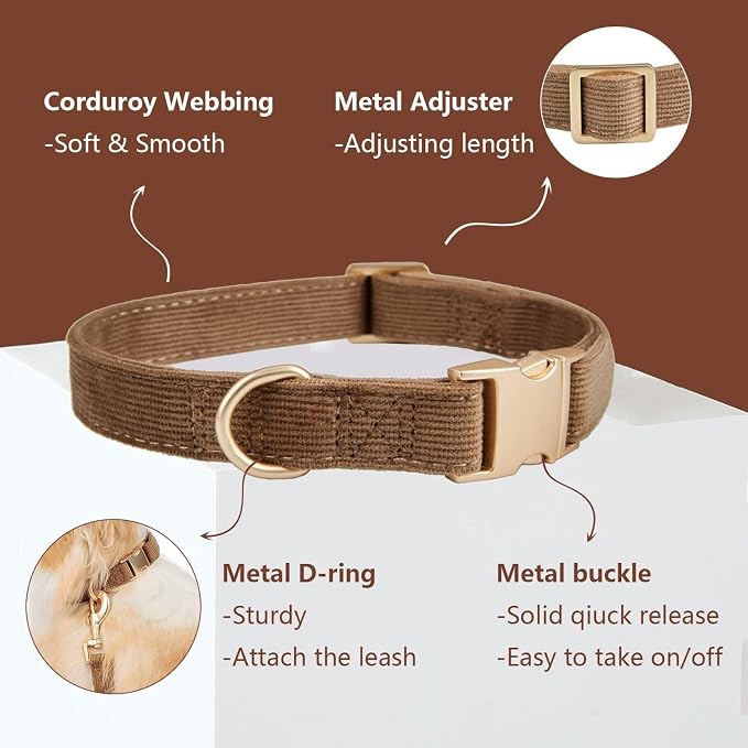Soft Corduroy Dog Collar and Leash Set Adjustable Durable Dog Collars with Metal Buckle and Lead for Small Dogs,Brown