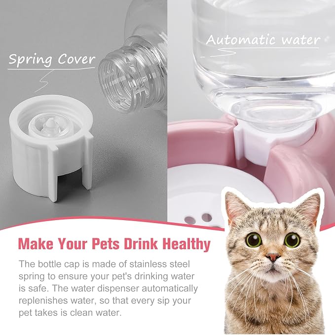 Double Dog Cat Bowls, Cat Food and Water Bowl Set with Auto-Water Dispenser and Stainless Steel Bowl Feeder for Small Size Dogs & Cats, Anti-Slip & Splash Design, Cute Pink