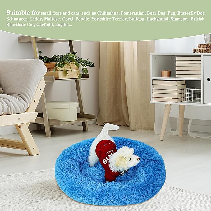 Calming Dog Bed for Small Dogs Cats, Kitty Puppy 23'' Round Anti-Anxiety Warm Fluffy Plush Faux Fur Bed, Soft Anti-Slip Donut Washable Small Pet Bed, Cozy Cat Puppy Bed, Fits up to 30 lbs Pets