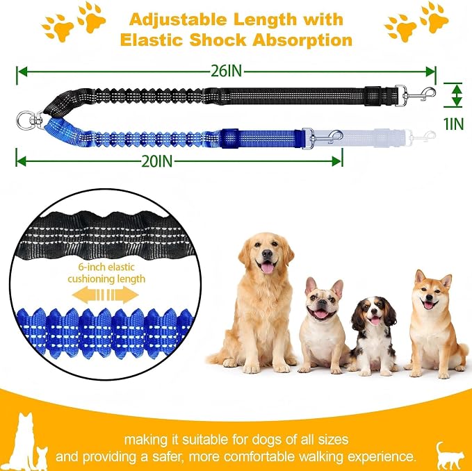 Double Dog Leash for Two Dogs, Professional No Tangle 360° Swivel Coupler with Shock Absorbing Bungee, Adjustable Length Dual-Sided Reflective Two Dogs Lead Splitter for Small Medium Large Dog
