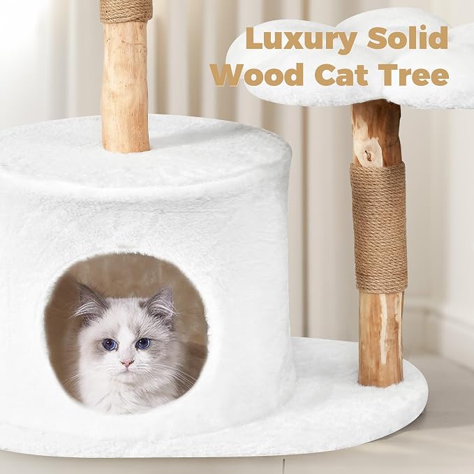 Easyego Modern Cat Tree, 36.6" Aesthetic Wood Cat Tree Tower for Large Cats, Luxury Cat Condo with Scratching Posts and Flower Platforms, Cat Furniture, White