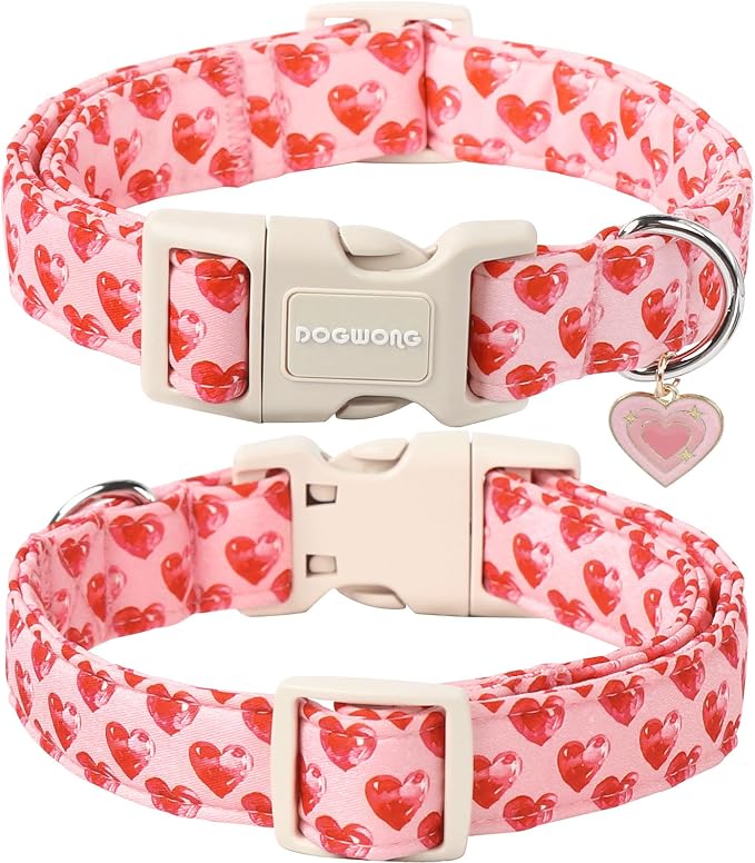 DOGWONG Valentine Dog Collar- Cute Pink Heart Dog Collars Adjustable Durable Designer Valentine’s Day Dog Collar for Small Medium Large Dogs M