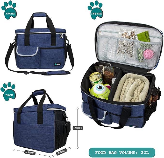 PetAmi Dog Travel Bag Organizer, Pet Travel Kit with 2 Food Containers & 2 Collapsible Dog Bowls, Pet Supplies Tote with Luggage Sleeve, Weekend Road Trip Camping Essentials, Navy Blue, Medium