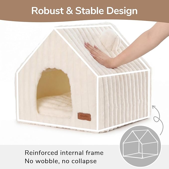 FUKUMARU Cat Houses for Indoor Cats, Washable Cute Cat Bed Cave with Removable Pillow, Large Semi-Enclosed Cozy Dog House Indoor, Soft Faux Rabbit Fur Kitten Bed, 17.5-Inch Cat Hideaway, Cream