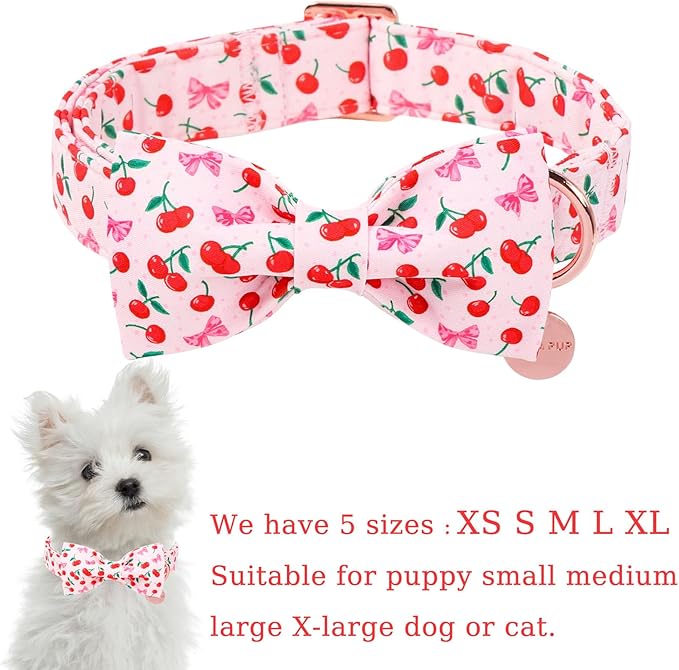 Spring and Summer Dog Collar with Bow Tie, Spring Cherry Bowtie Collar for Girl Boy Dog with Metal Buckle, Pink Bow Collar for Dogs, XL