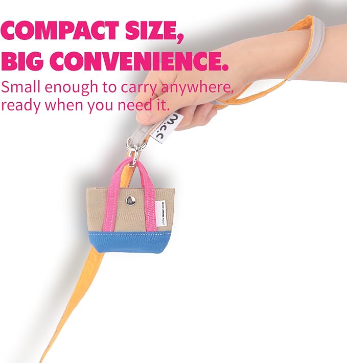 Dog Poop Bag Holder for Leash with 1 Waste Bag Roll, Canvas | Pink Handle, Waste Bag Dispenser Pouch, Round Clip, Cotton Carrier, Handmade in Korea