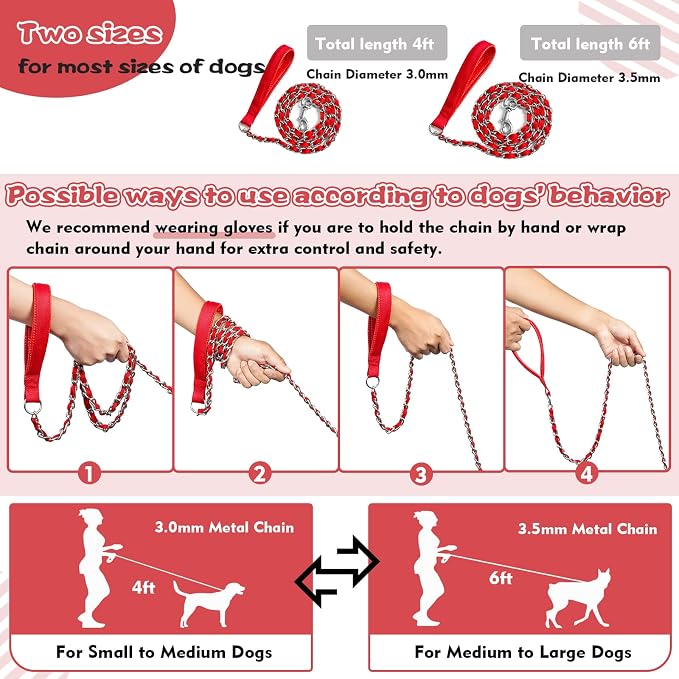 Heavy Duty Metal Dog Chain Leash with Comfortable PU Leather Padded Handle, Chew Proof for Medium Large Pooch Walking Training (4FT 3.0mm Red)
