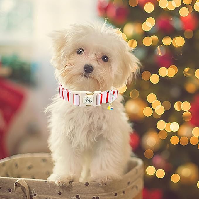 Elegant little tail Dog Collar, Cute Pink with Red Strip Pattern Pet Collars Soft Girl or Boy Adjustable Cotton Puppy Collar with Quick Release Buckle for Small Puppy