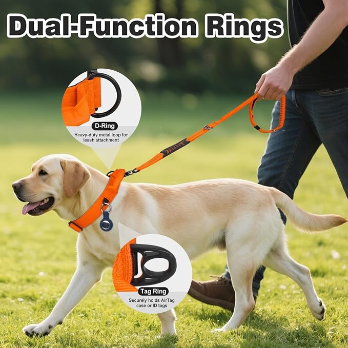 Joytale Tactical Dog Collar for Large Dogs with Control Handle, Heavy Duty Military Training Collar for Power Breeds, AirTag Holder Case, Quick Release Metal Buckle, Soft Padded, L, Orange