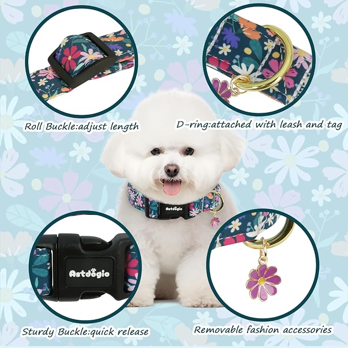 Dog Collar for Extra Small Dogs, Spring Dark Green Dog Collars with Flowers Pattern, Adjustable Puppy Dog Collars, Cute Girl or Boy Dog Collar Ideal for Gifts,Pet Accessory