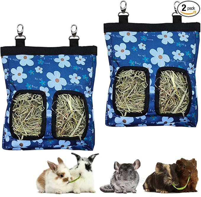 Guinea Pig Hay Feeder, Hanging Rabbit Hay Feeder Bag for Guinea Pigs Bunnies Chinchillas. Blueflower, 2 Count