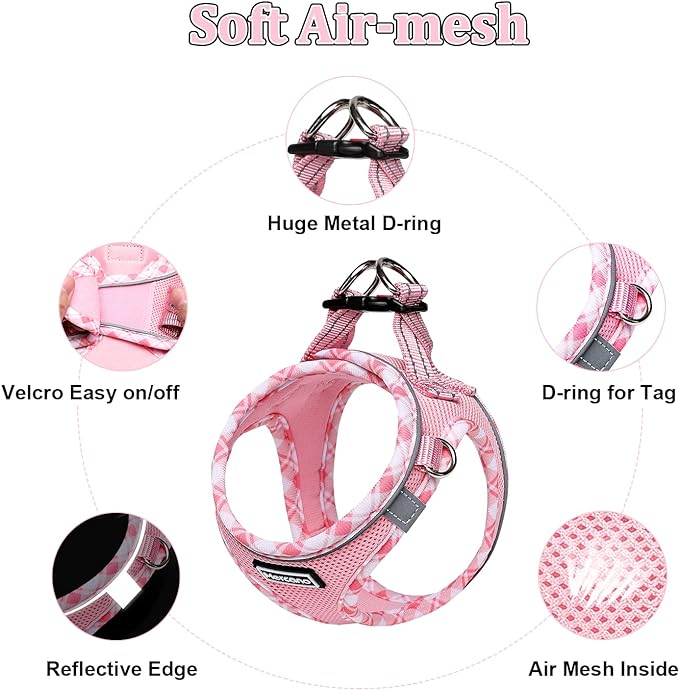 Mercano Soft Mesh Dog Harness and Leash Set, Step-in Reflective Breathable Lightweight Vest Harnesses with Safety Buckle for Small Dogs, Cats (Pink, XXS)