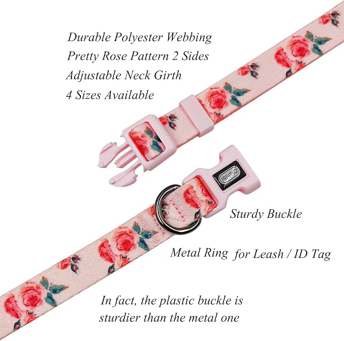 Dog Collar and Leash Set, Cute Rose Pattern, Polyester Material, 5ft Leash, for Medium Dogs.(Medium,Pink Rose)