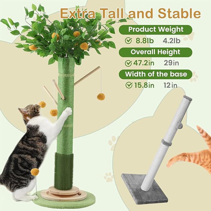 Cat Scratching Post, 45 Inch Tall Cat Scratcher Tree for Indoor Cats Adults with Natural Sisal Rope, Large Scratching Posts with Rubber Brush, 3-Layer Solid Wood Base and Balls Track Toy