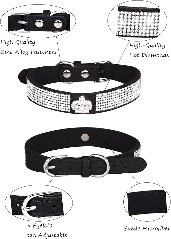 Dog Collar for Small Dogs, Adjustable Leather Suede Bling Dog Collars，Pink Dog Collar Cat Collar, Rhinestone Dog Collar (XS, black3)