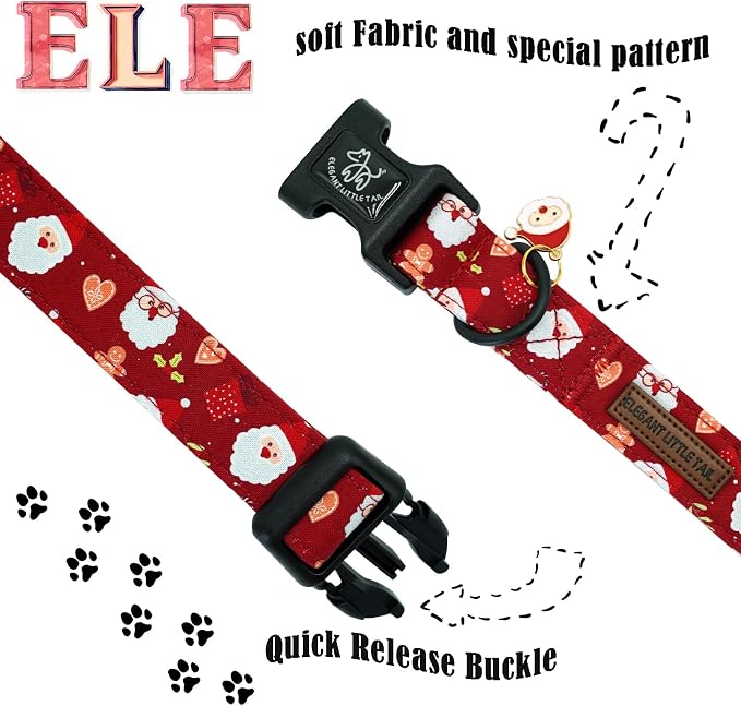Elegant little tail Christmas Dog Collar, Santa Claus Print Pet Collar Cotton Soft Plastic Buckle Sturdy Puppy Collars Holiday Female or Male Adjustable Collar for Medium Dogs