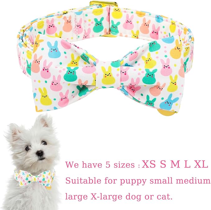 Easter Dog Collar with Bow Tie, Cotton Bunny Bowtie for Large Girl Boy Dog, Cute Rabbit Pet Collar with Metal Buckle, Gift, XS