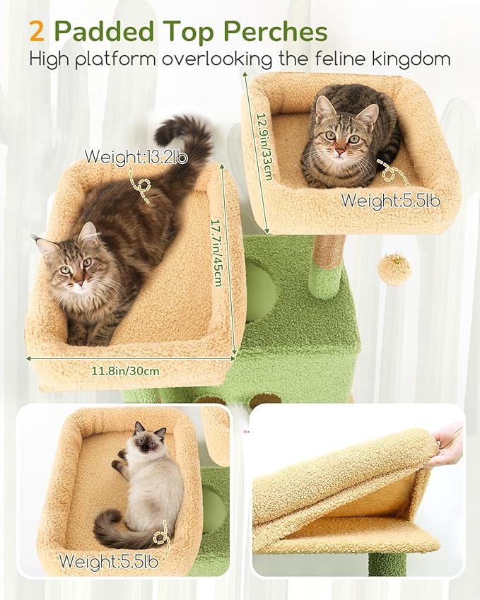 Globlazer Cactus Heavy Duty Cat Tree Tower 80in Tall Extra Large Cat Tree Tower for Multiple Indoor Cats Large Adult with Scratching Posts, 2 Spacious Condos, Padded Perches, Soft Hammock, S80B, Green