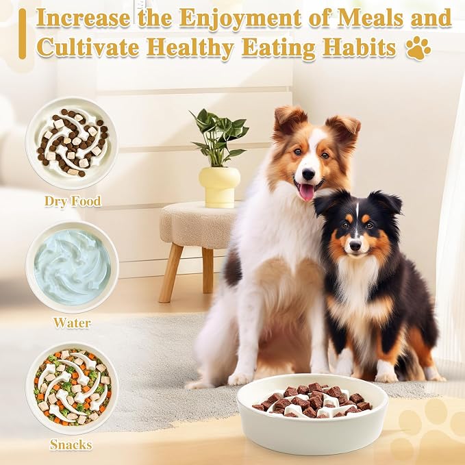 Ceramic Slow Feeder Dog Bowls, 1.5 Cups Dog Food Dish for Medium and Large Breed, Puzzle Dog Food Bowl for Fast Eater, 28OZ, 8.15 inch(Beige)